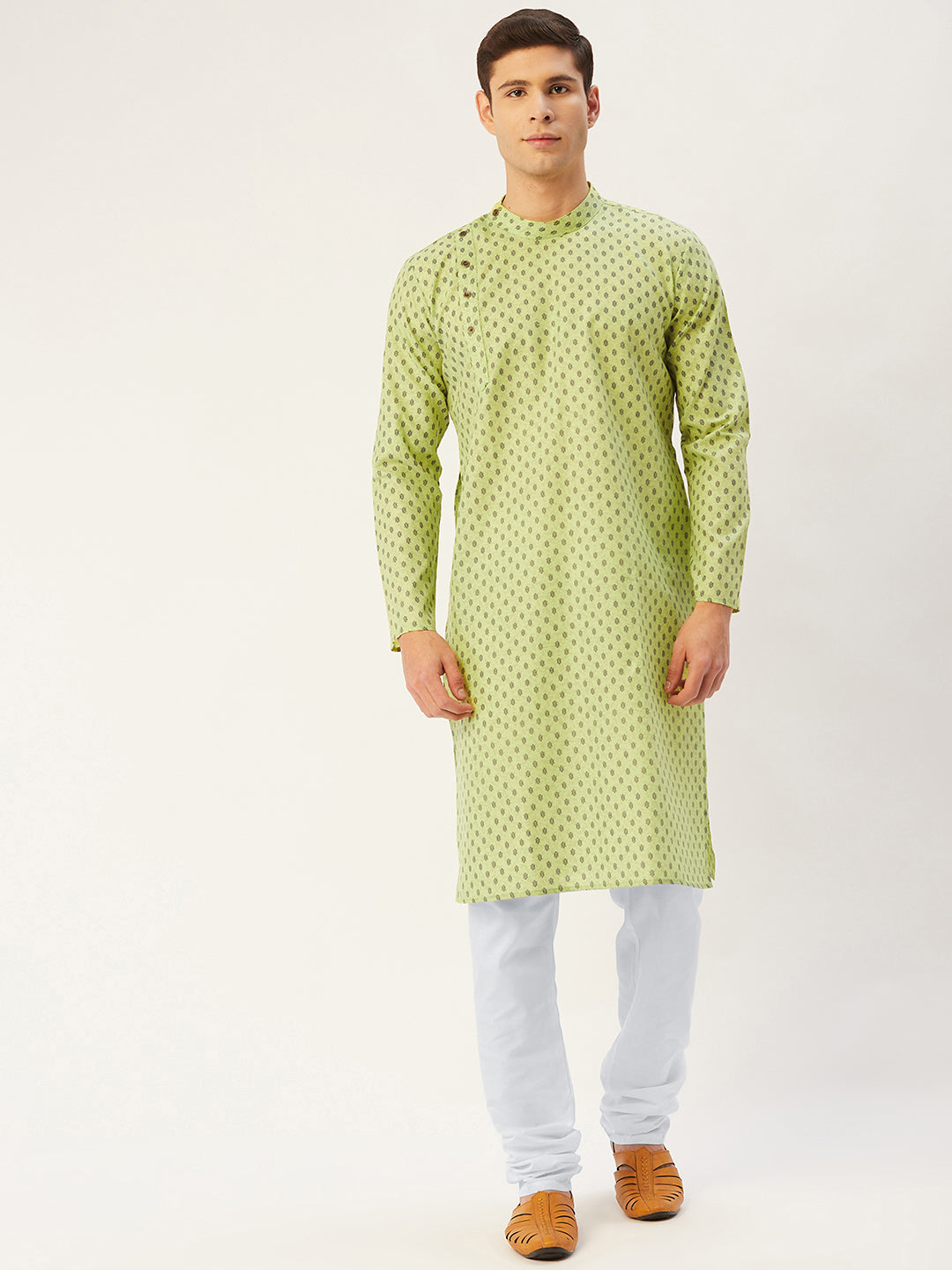 Jompers Men's Green Cotton printed kurta Pyjama Set