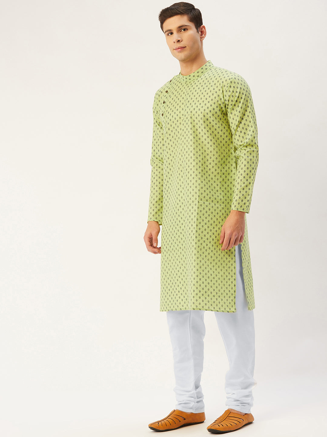 Jompers Men's Green Cotton printed kurta Only