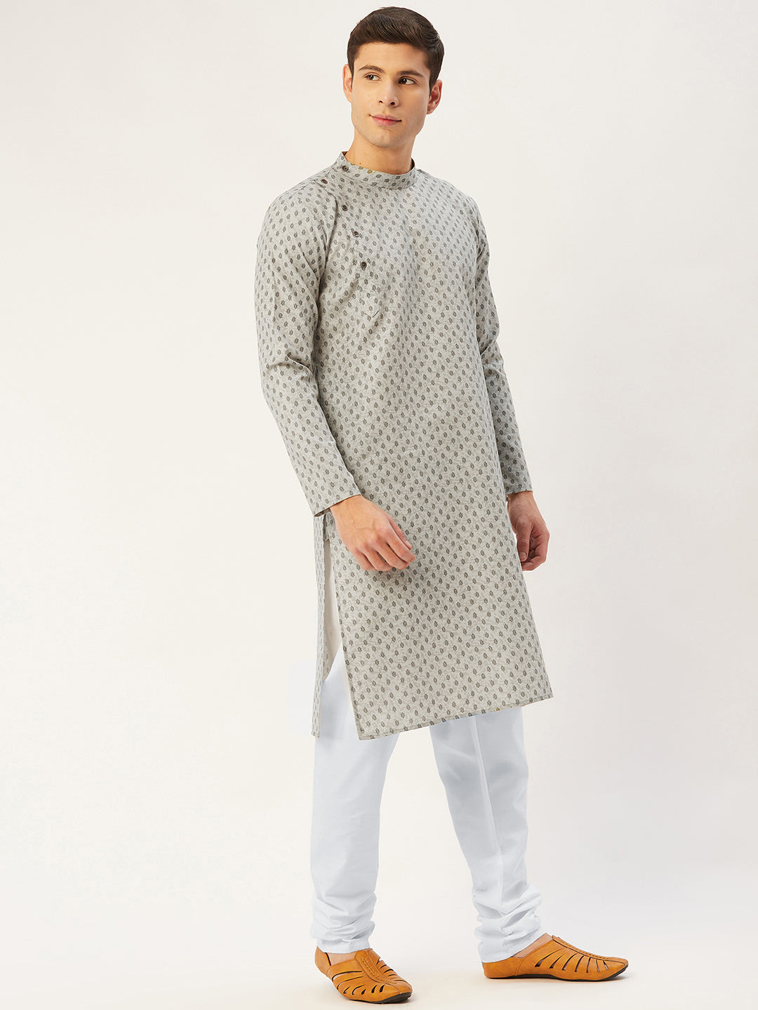 Jompers Men's Grey Cotton printed kurta Only