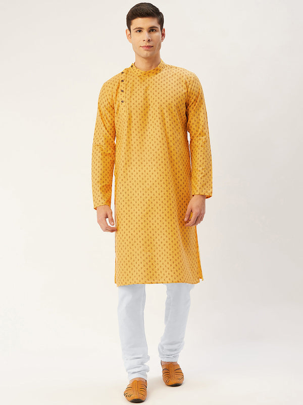 Jompers Men's Mustard Cotton printed kurta Pyjama Set