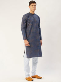 Thumbnail for Jompers Men's Navy Cotton printed kurta Pyjama Set