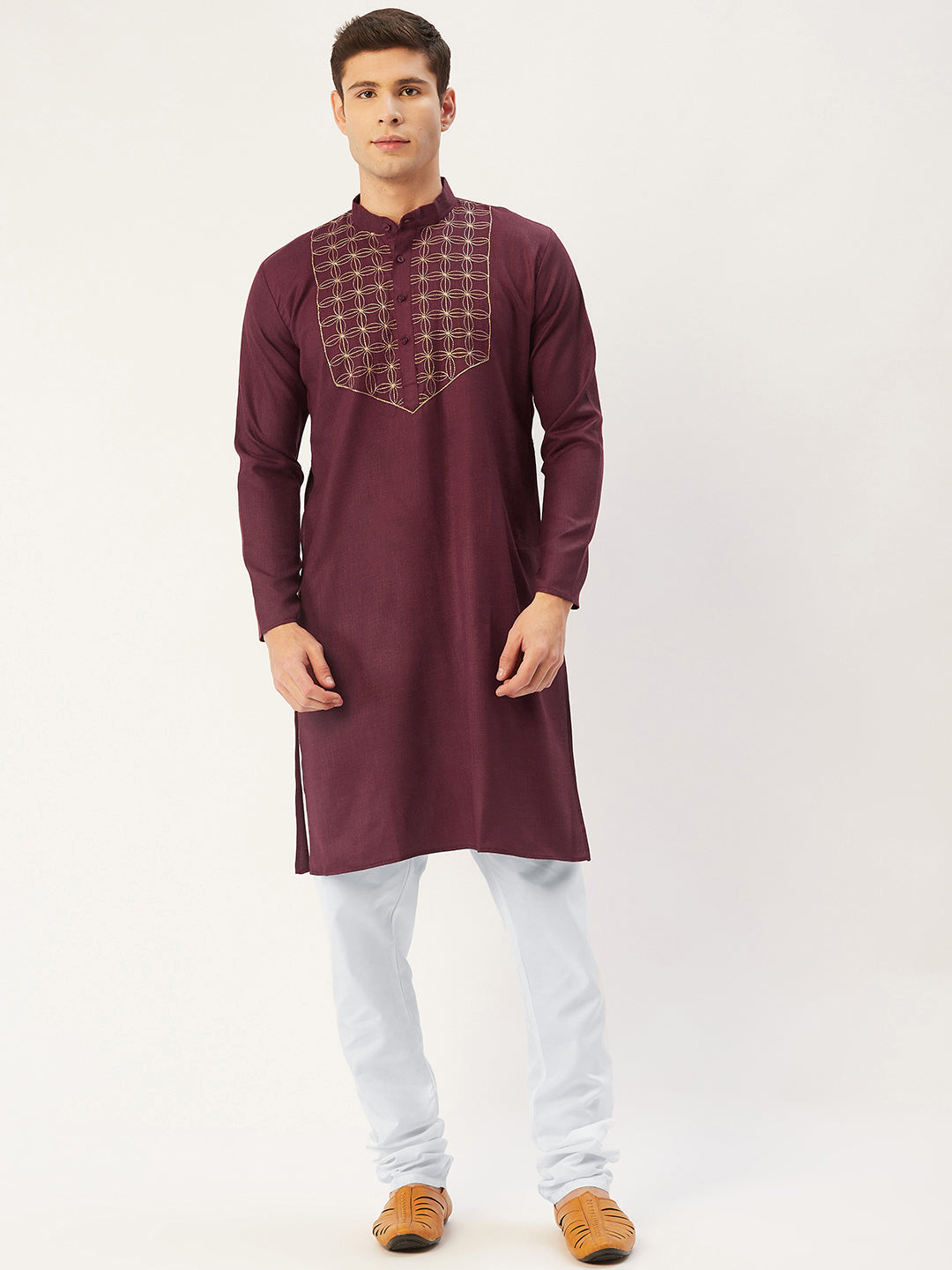 Jompers Men's Maroon Cotton Embroidered Kurta Only