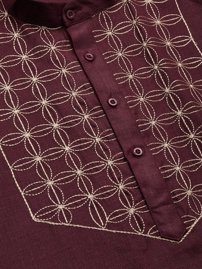 Jompers Men's Maroon Cotton Embroidered Kurta Pyjama