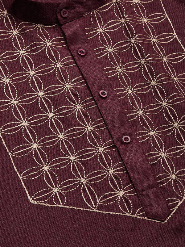 Jompers Men's Maroon Cotton Embroidered Kurta Only