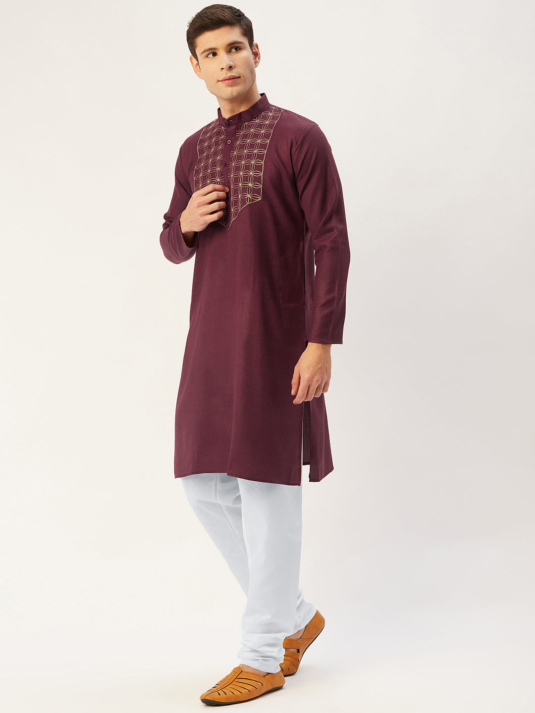 Jompers Men's Maroon Cotton Embroidered Kurta Only
