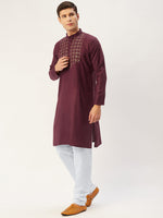 Thumbnail for Jompers Men's Maroon Cotton Embroidered Kurta Only