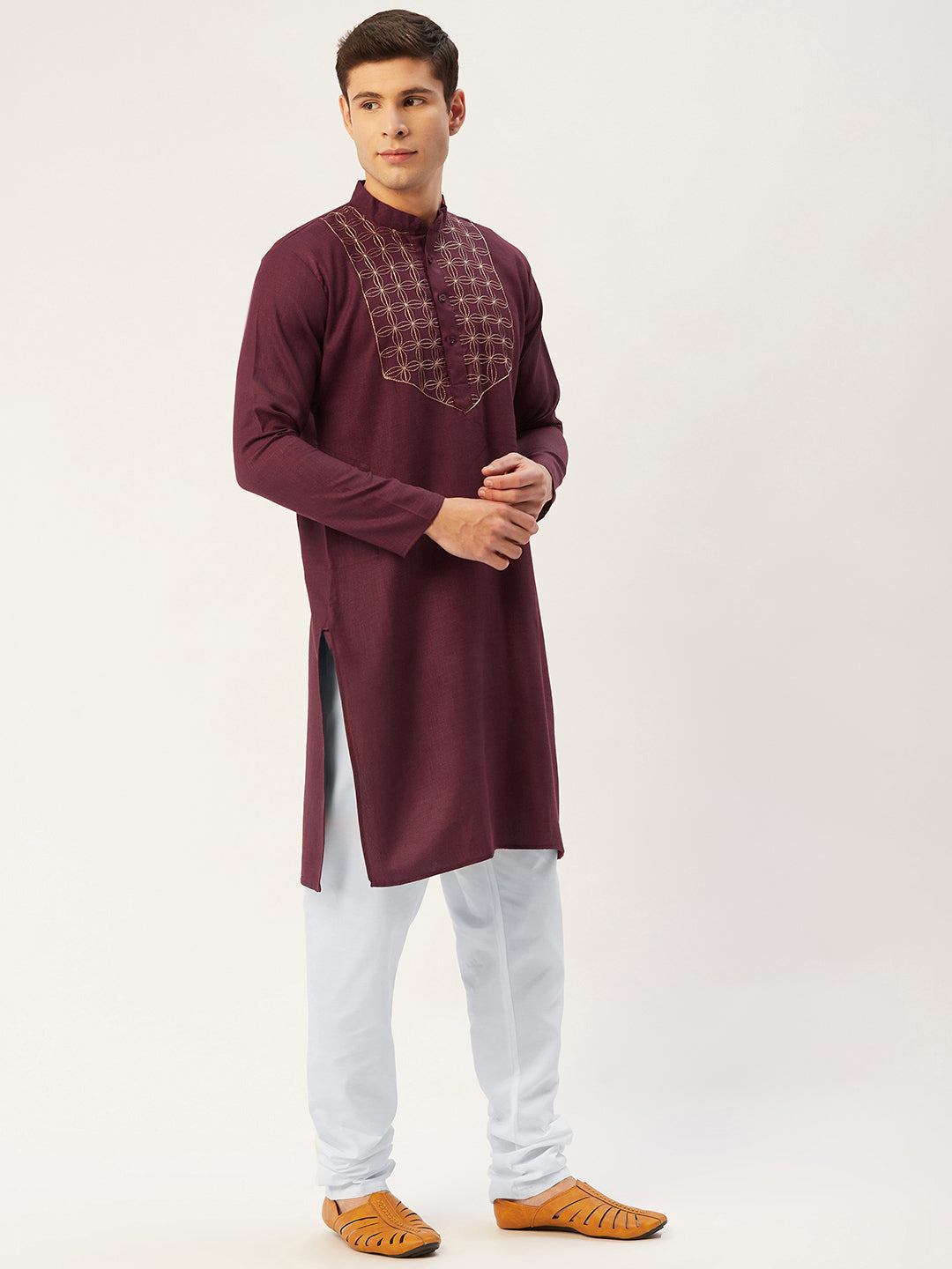 Jompers Men's Maroon Cotton Embroidered Kurta Only
