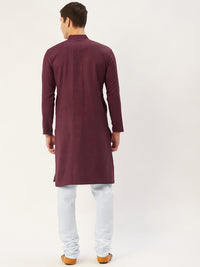 Thumbnail for Jompers Men's Maroon Cotton Embroidered Kurta Only