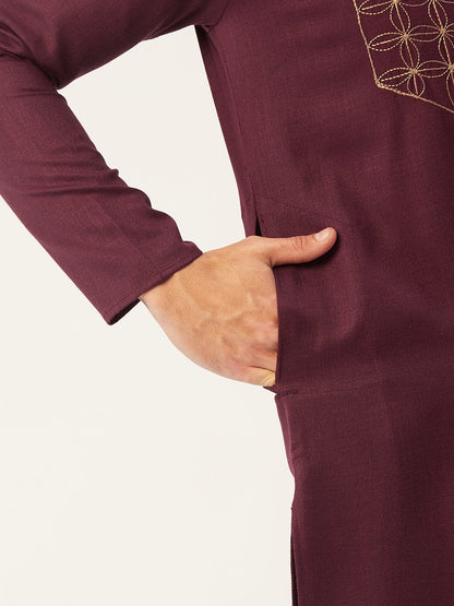Jompers Men's Maroon Cotton Embroidered Kurta Pyjama