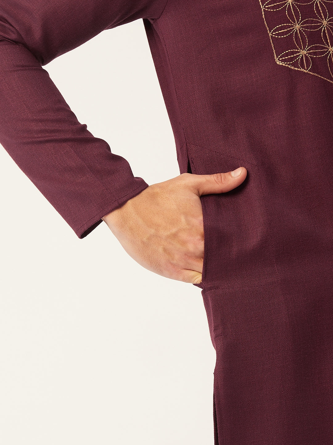 Jompers Men's Maroon Cotton Embroidered Kurta Only
