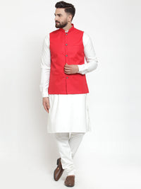 Thumbnail for Jompers Men's Solid Kurta Pajama with Solid Waistcoat (Red) - Distacart