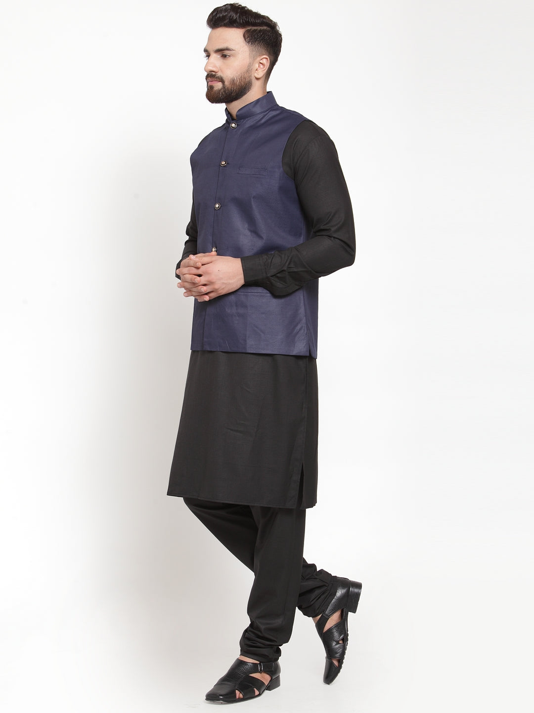 Jompers Men's Solid Kurta Pajama with Solid Waistcoat (Navy) - Distacart