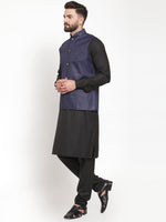 Thumbnail for Jompers Men's Solid Kurta Pajama with Solid Waistcoat (Navy) - Distacart