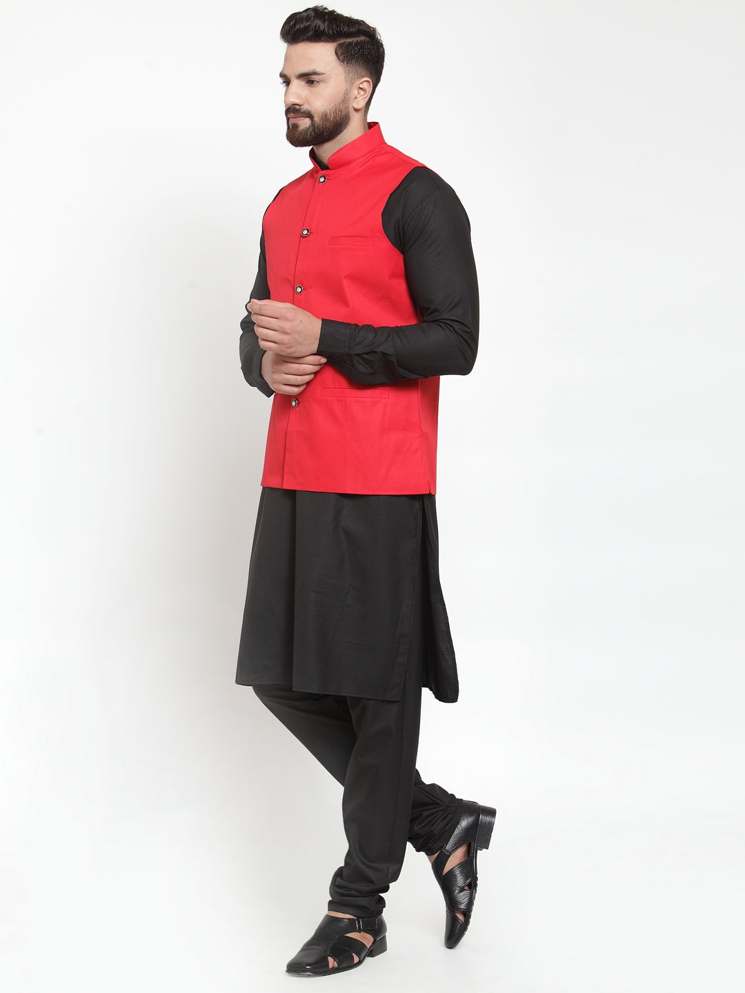 Jompers Men's Solid Kurta Pajama with Solid Waistcoat (Red) - Distacart