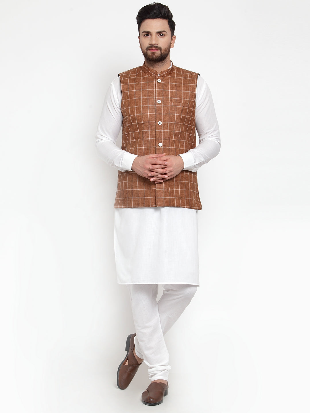 Jompers Men's Solid Kurta Pajama with Checked Waistcoat (Brown) - Distacart