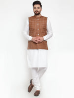 Thumbnail for Jompers Men's Solid Kurta Pajama with Checked Waistcoat (Brown) - Distacart