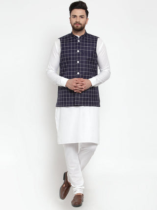 Jompers Men's Solid Kurta Pajama with Checked Waistcoat (Navy) - Distacart