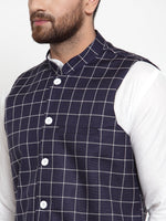 Thumbnail for Jompers Men's Solid Kurta Pajama with Checked Waistcoat (Navy) - Distacart