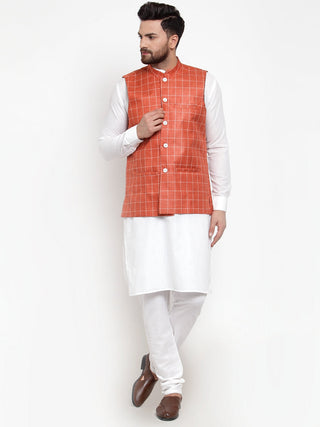 Jompers Men's Solid Kurta Pajama with Checked Waistcoat (Peach) - Distacart