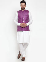 Thumbnail for Jompers Men's Solid Kurta Pajama with Checked Waistcoat (Purple) - Distacart
