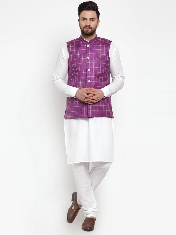 Jompers Men's Solid Kurta Pajama with Checked Waistcoat (Purple) - Distacart