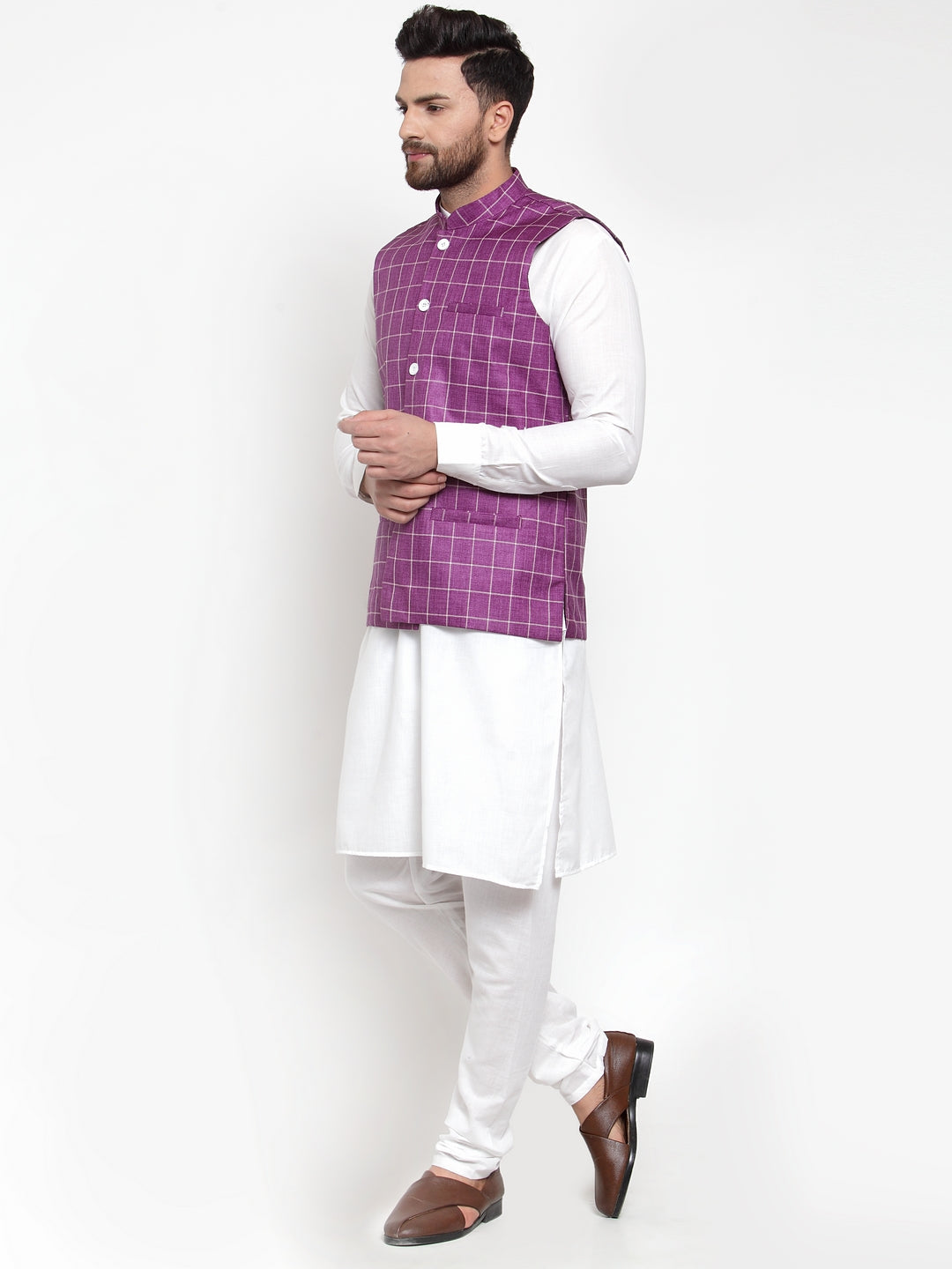 Jompers Men's Solid Kurta Pajama with Checked Waistcoat (Purple) - Distacart