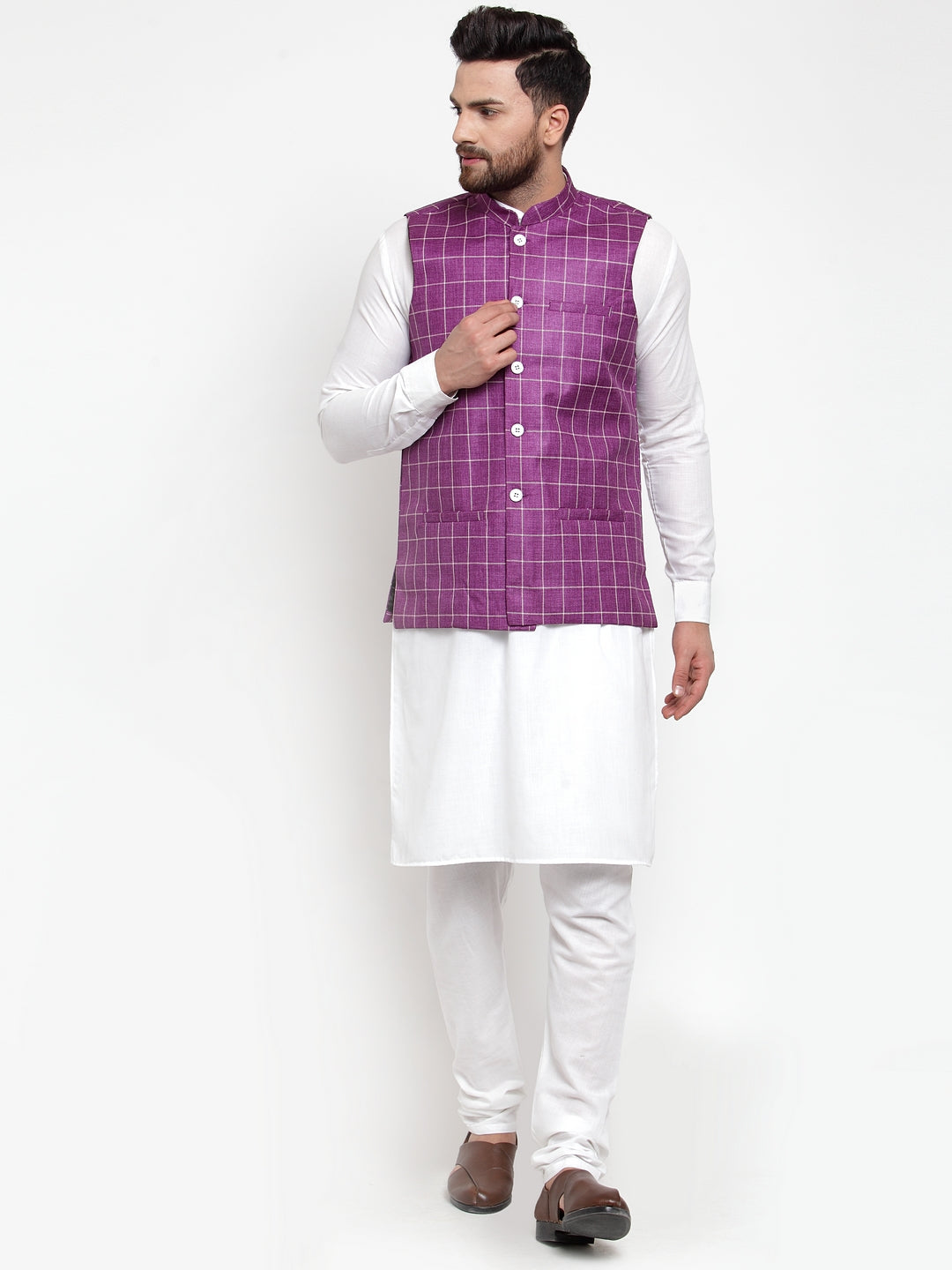 Jompers Men's Solid Kurta Pajama with Checked Waistcoat (Purple) - Distacart