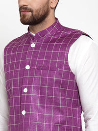 Thumbnail for Jompers Men's Solid Kurta Pajama with Checked Waistcoat (Purple) - Distacart