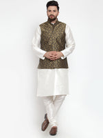 Thumbnail for Jompers Men's Solid Dupion Kurta Pajama with Woven Jacquard Waistcoat (Gold) - Distacart