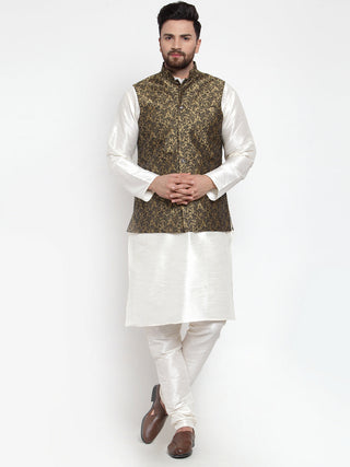Jompers Men's Solid Dupion Kurta Pajama with Woven Jacquard Waistcoat (Gold) - Distacart