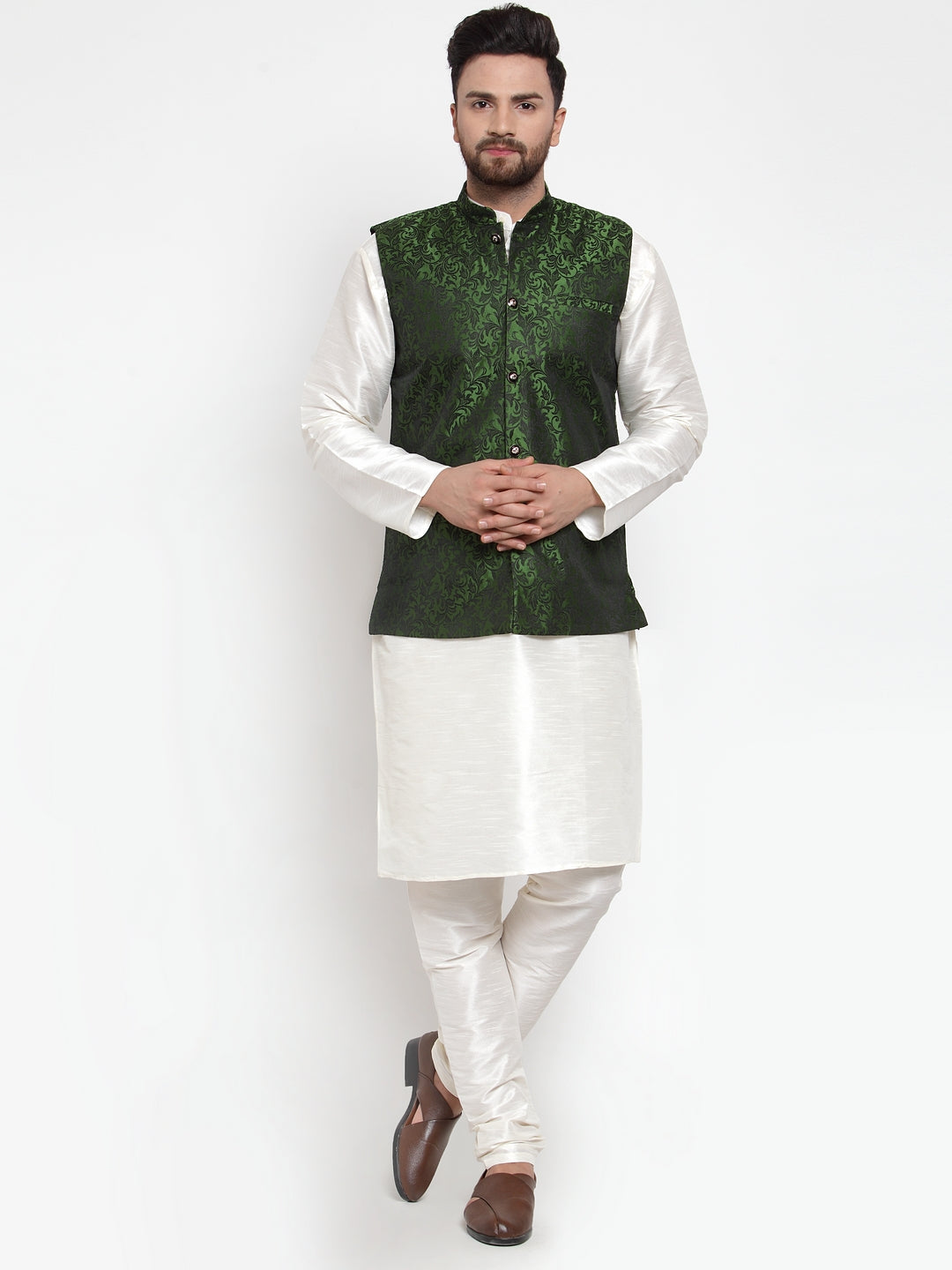 Jompers Men's Solid Dupion Kurta Pajama with Woven Jacquard Waistcoat (Mehndi) - Distacart