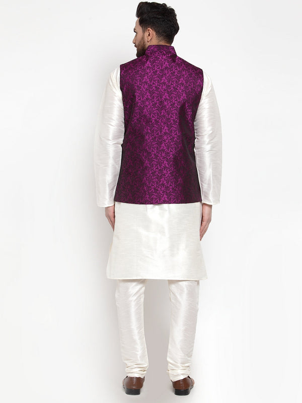Jompers Men's Solid Dupion Kurta Pajama with Woven Jacquard Waistcoat (Purple) - Distacart