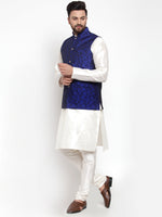 Thumbnail for Jompers Men's Solid Dupion Kurta Pajama with Woven Jacquard Waistcoat (Royal) - Distacart