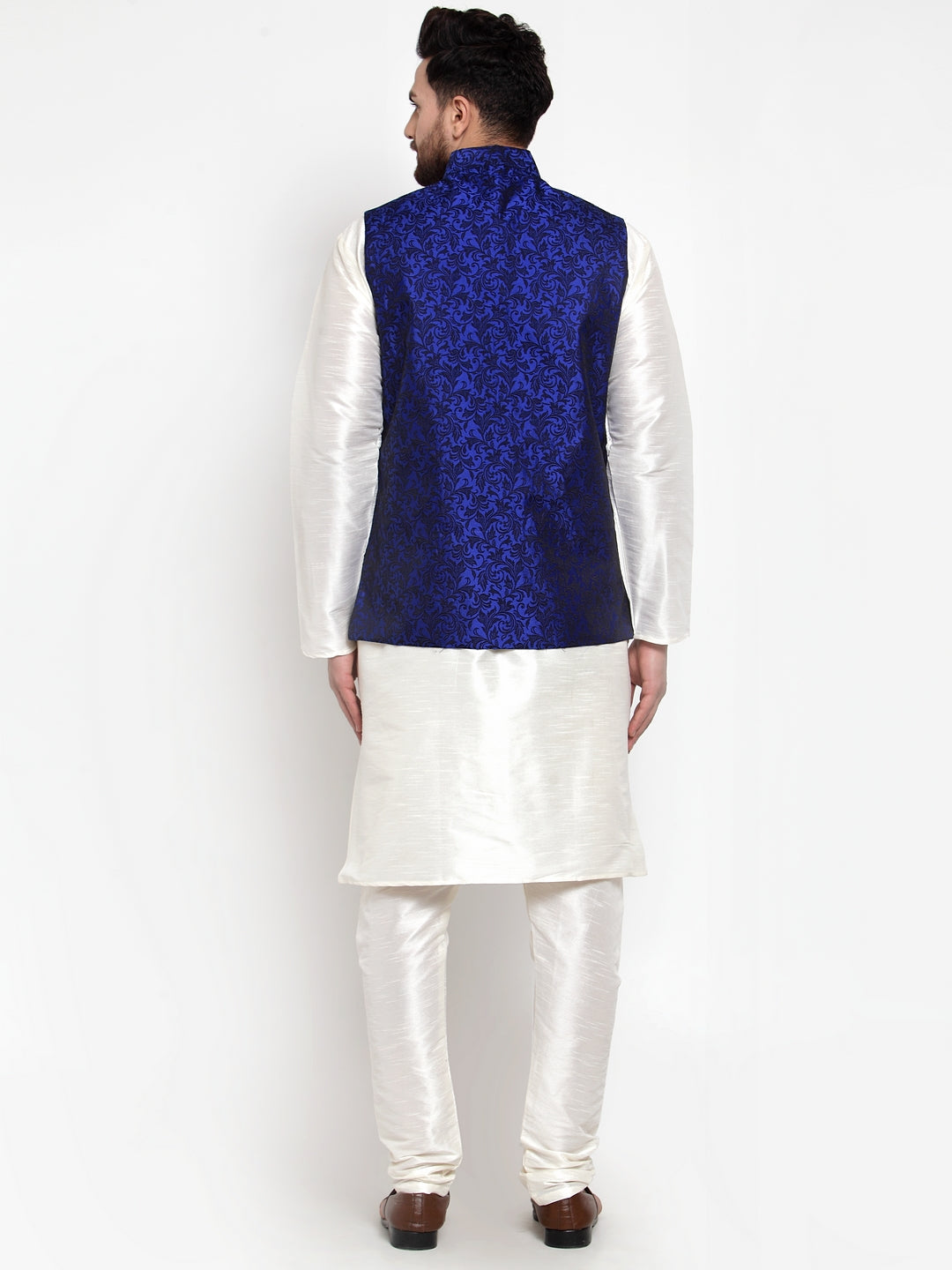 Jompers Men's Solid Dupion Kurta Pajama with Woven Jacquard Waistcoat (Royal) - Distacart