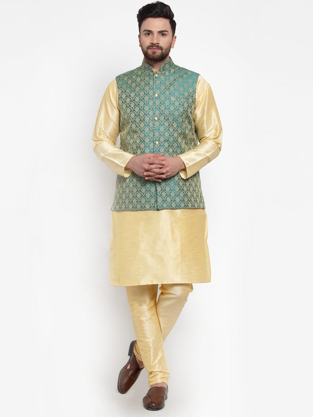 Jompers Men's Solid Dupion Kurta Pajama with Woven Jacquard Waistcoat (Green) - Distacart