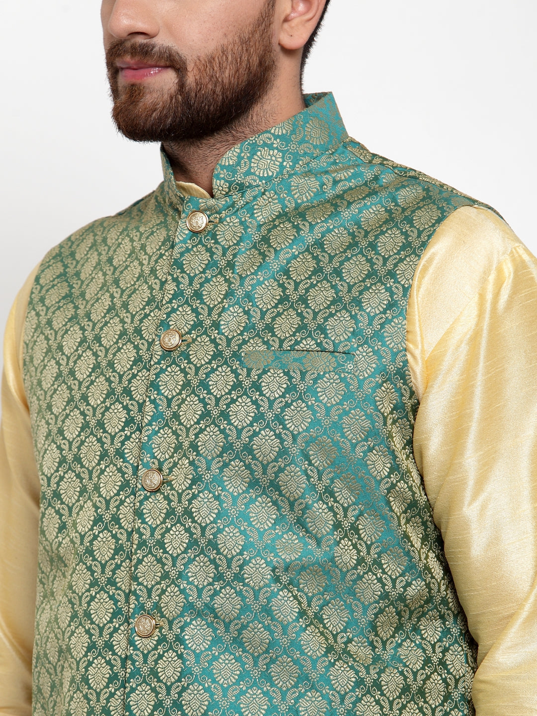Jompers Men's Solid Dupion Kurta Pajama with Woven Jacquard Waistcoat (Green) - Distacart