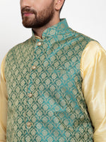 Thumbnail for Jompers Men's Solid Dupion Kurta Pajama with Woven Jacquard Waistcoat (Green) - Distacart