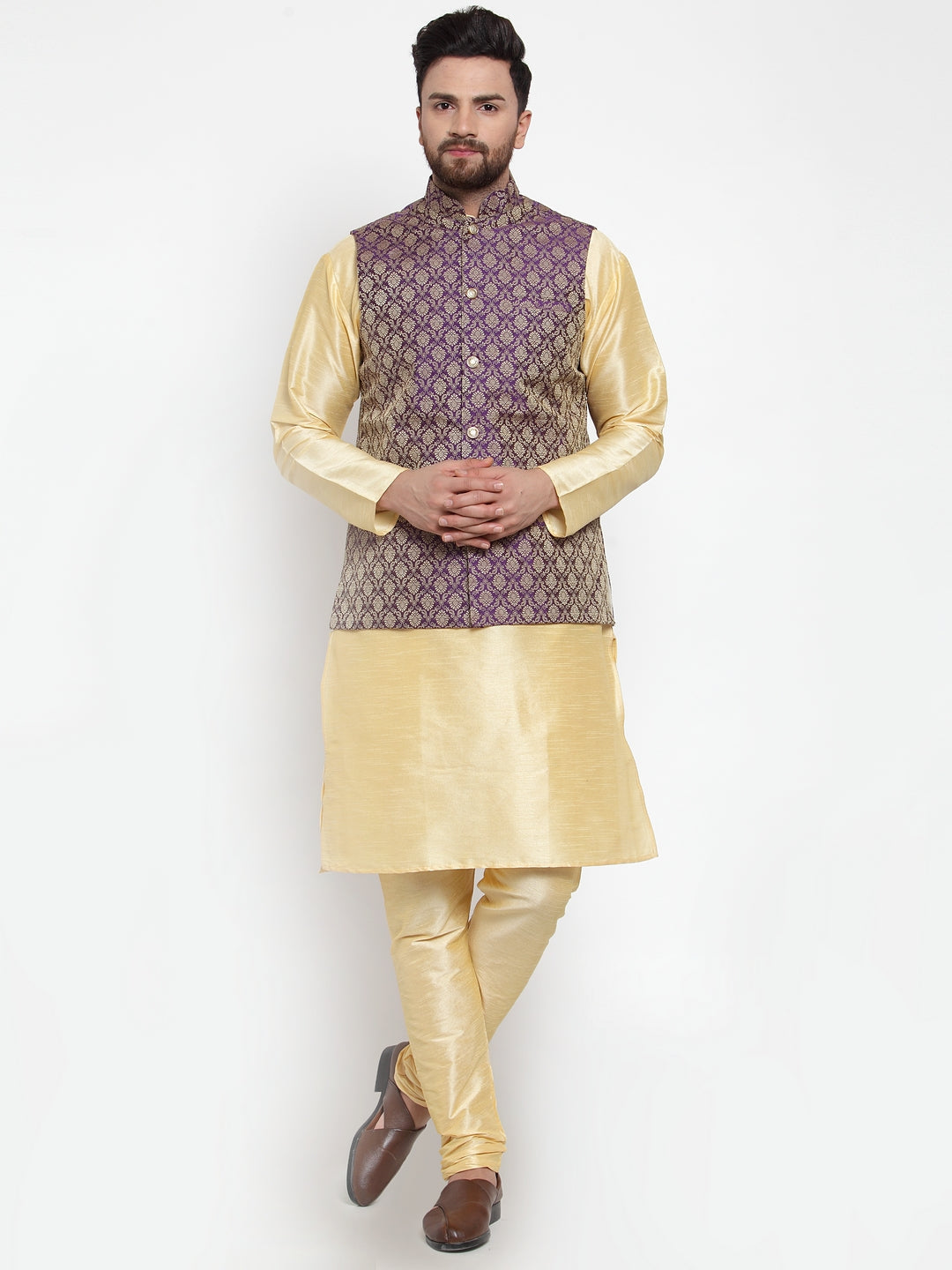 Jompers Men's Solid Dupion Kurta Pajama with Woven Jacquard Waistcoat (Purple) - Distacart