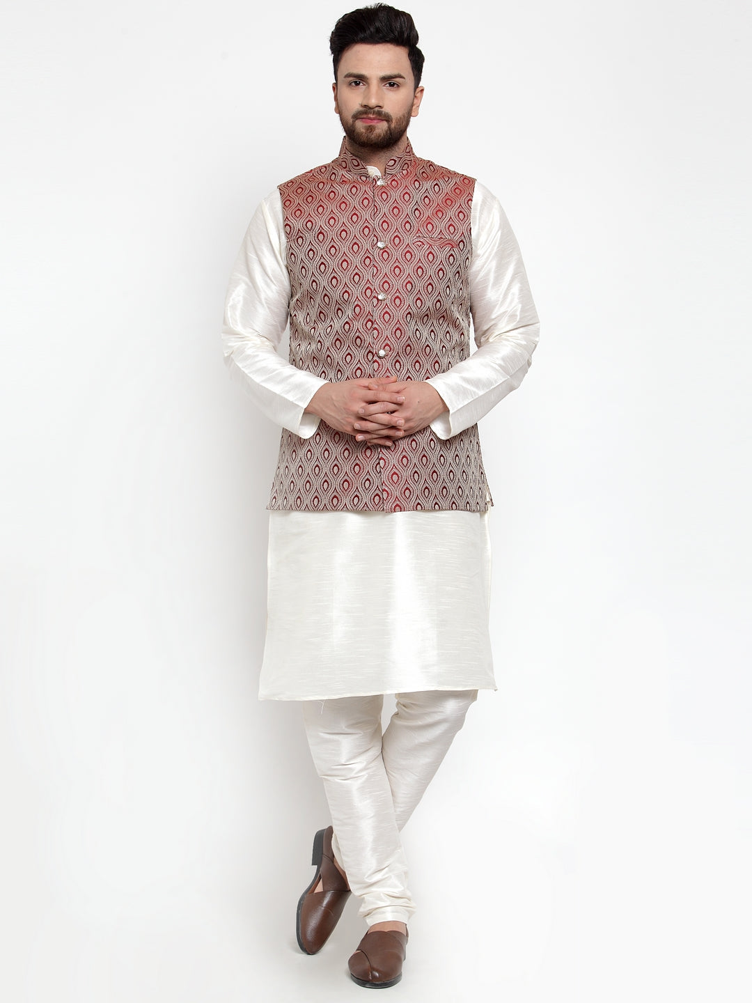 Jompers Men's Solid Dupion Kurta Pajama with Woven Jacquard Waistcoat (Maroon) - Distacart