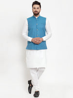 Thumbnail for Jompers Men's Solid Cotton Kurta Pajama with Woven Jacquard Waistcoat (Green) - Distacart