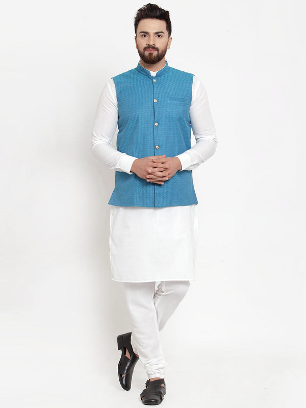 Jompers Men's Solid Cotton Kurta Pajama with Woven Jacquard Waistcoat (Green) - Distacart