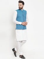 Thumbnail for Jompers Men's Solid Cotton Kurta Pajama with Woven Jacquard Waistcoat (Green) - Distacart