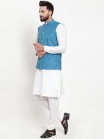 Thumbnail for Jompers Men's Solid Cotton Kurta Pajama with Woven Jacquard Waistcoat (Green) - Distacart