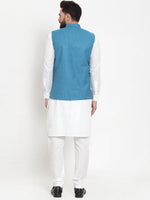 Thumbnail for Jompers Men's Solid Cotton Kurta Pajama with Woven Jacquard Waistcoat (Green) - Distacart