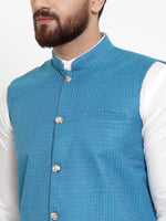 Thumbnail for Jompers Men's Solid Cotton Kurta Pajama with Woven Jacquard Waistcoat (Green) - Distacart
