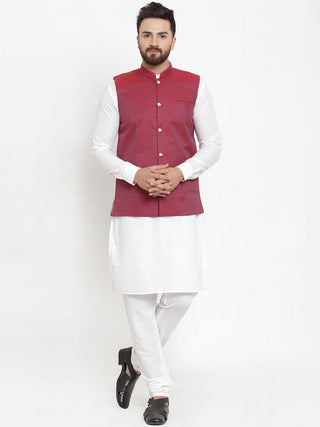 Jompers Men's Solid Cotton Kurta Pajama with Woven Jacquard Waistcoat (Maroon) - Distacart
