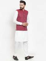 Thumbnail for Jompers Men's Solid Cotton Kurta Pajama with Woven Jacquard Waistcoat (Maroon) - Distacart