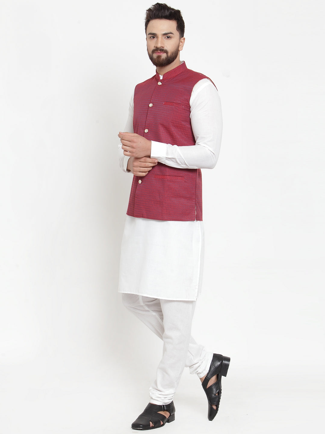 Jompers Men's Solid Cotton Kurta Pajama with Woven Jacquard Waistcoat (Maroon) - Distacart