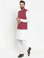 Thumbnail for Jompers Men's Solid Cotton Kurta Pajama with Woven Jacquard Waistcoat (Maroon) - Distacart