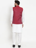 Thumbnail for Jompers Men's Solid Cotton Kurta Pajama with Woven Jacquard Waistcoat (Maroon) - Distacart